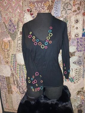 Women's Black Long-Sleeve Top with Multicolor Ring Details